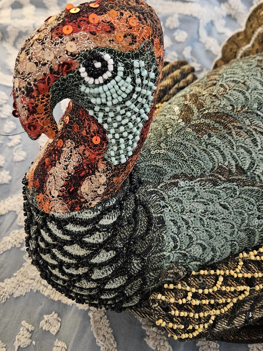 John Derian Turkey Pillow Beaded Decorative Bird Pillow - Green, Brown, Gold - Picture 3 of 5